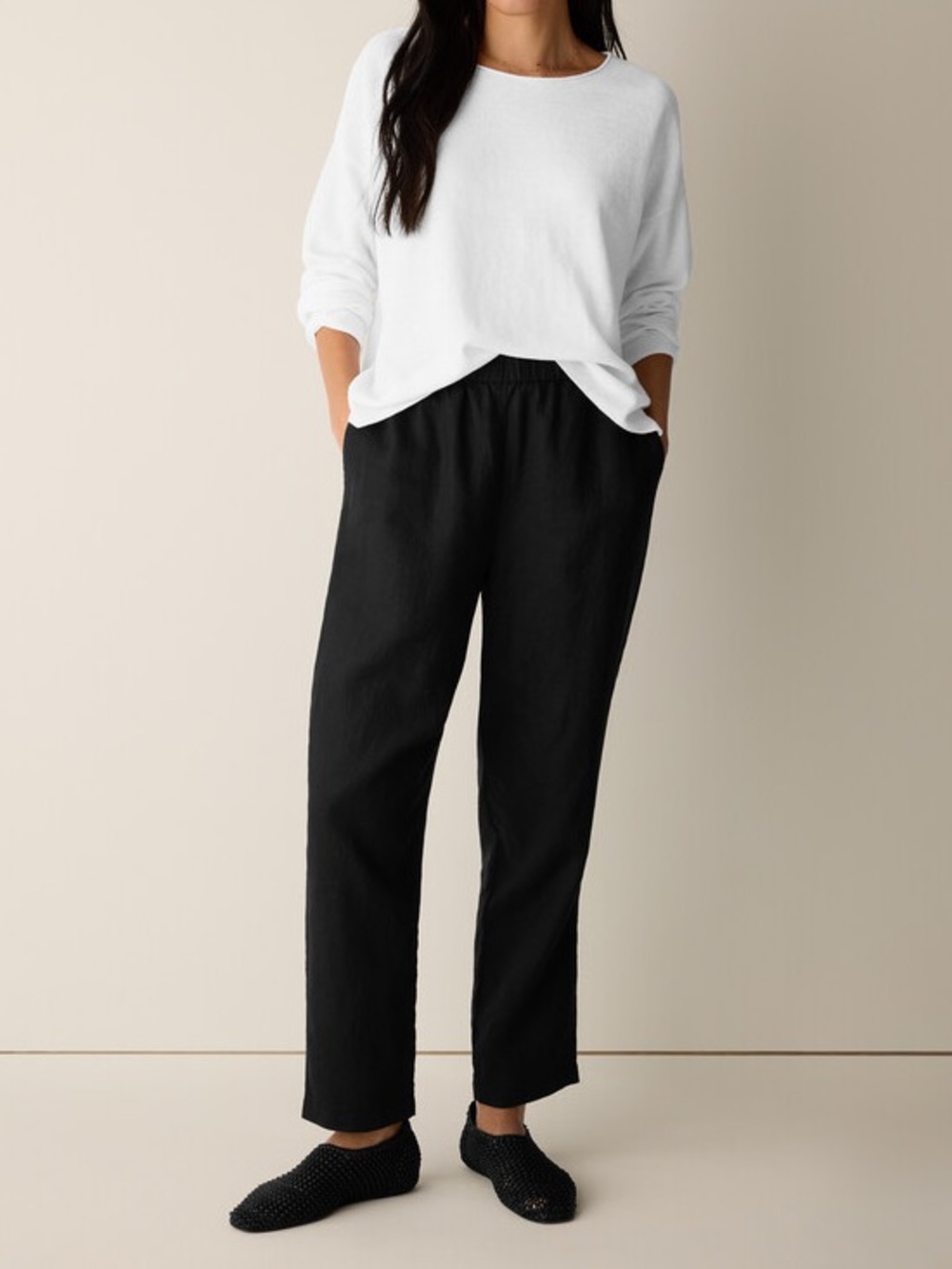 New Eileen Fisher Organic Linen Pleated Lantern Straight Leg Ankle Pants Black